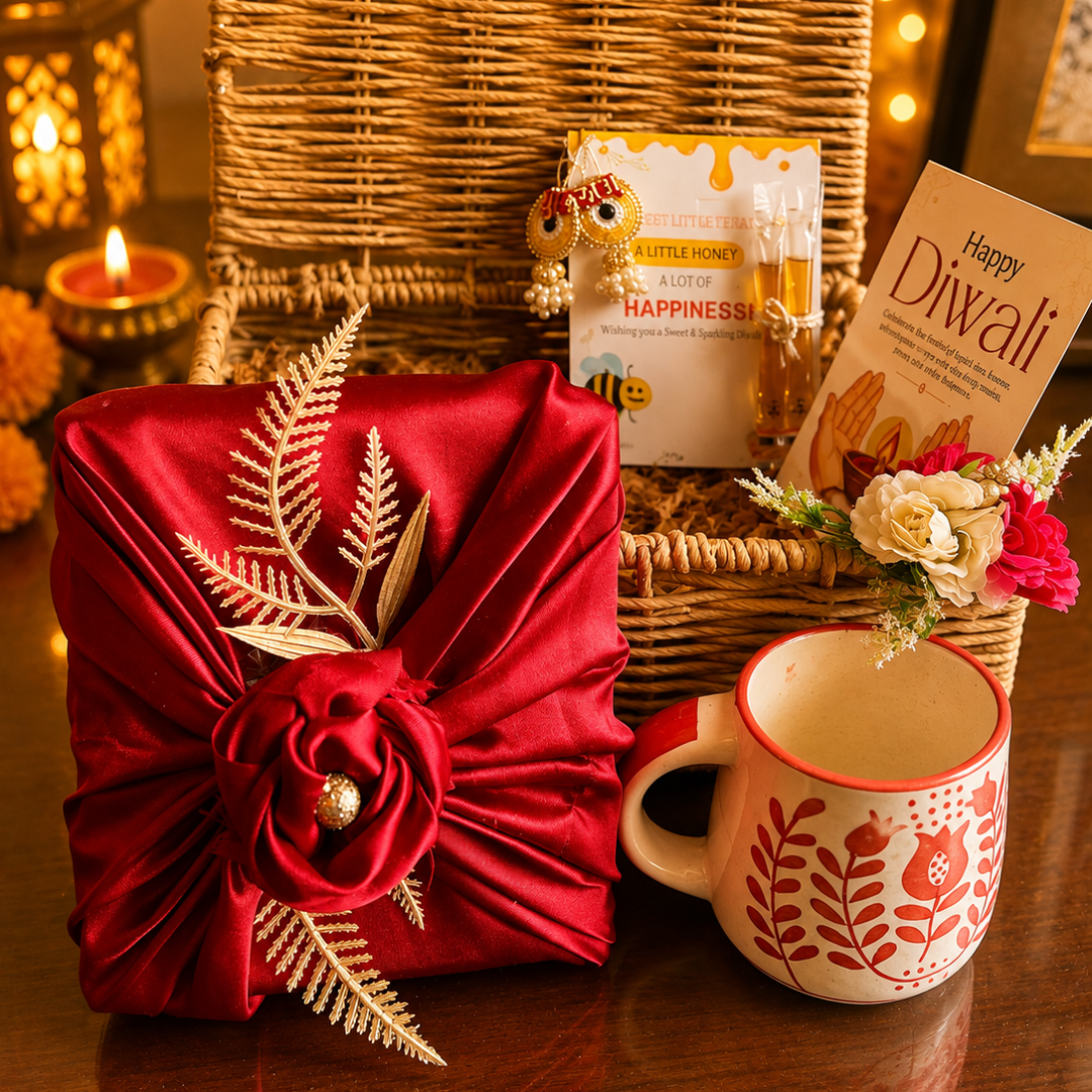 Rustic Ruby Jute Gift Basket | Red Mug & Shubh Labh Festive Hamper