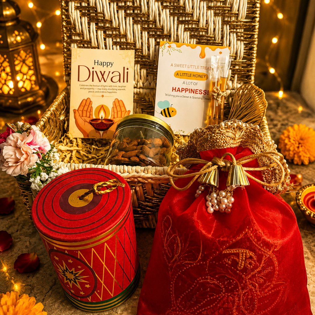 Ruby Glow Golden & White Festive Gift Basket | Diwali Hamper with Dry Fruits & Candle