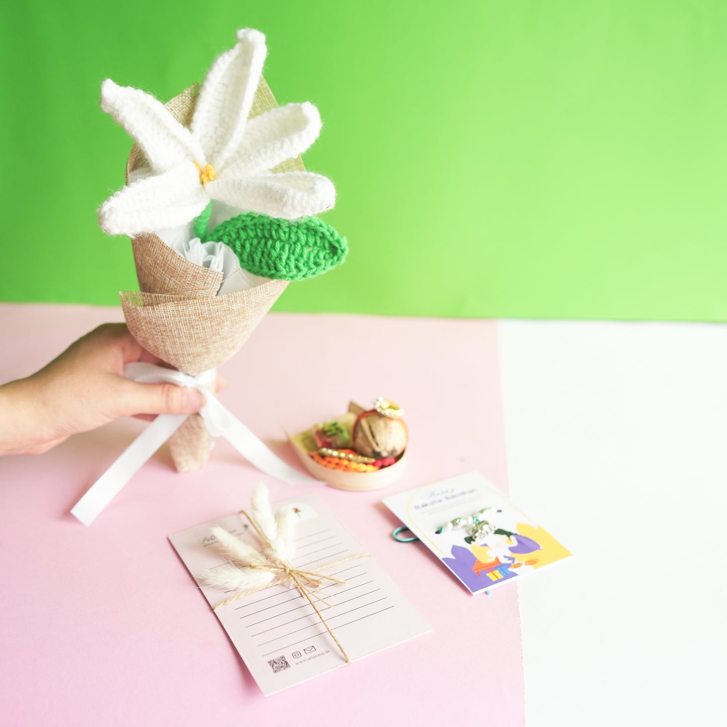Handcrafted crochet lily Rakhi hamper (White)
