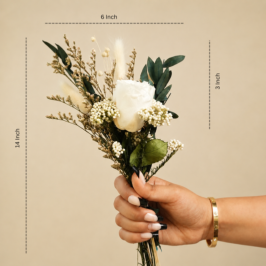 Snow Petal preserved white rose bouquet DIMESNION IMAGE