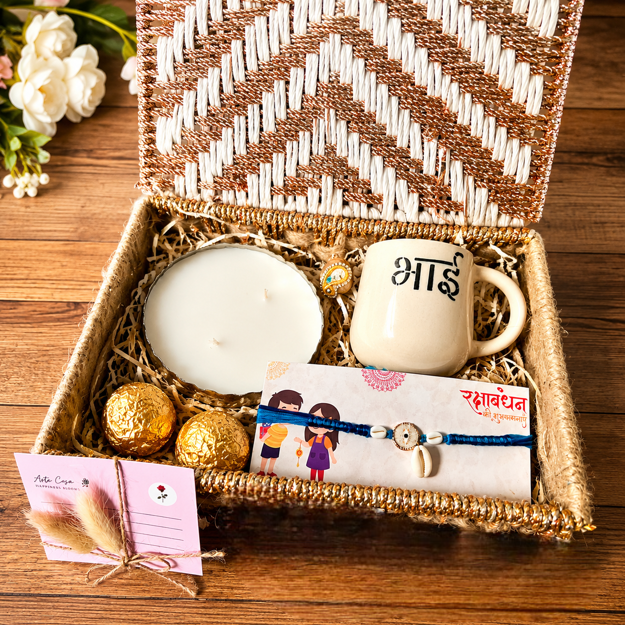 Artecasa Forever Bhai Celebration Hamper | Premium Rakhi Gift Hamper for Brother with Bhai Mug, Urli Candle, Rakhi, Chocolates & Pooja Essentials
