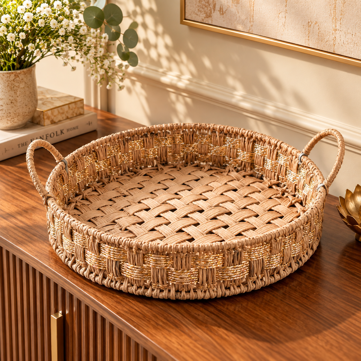 Handwoven Natural Decorative Tray with Handles | Round Woven Serving Basket