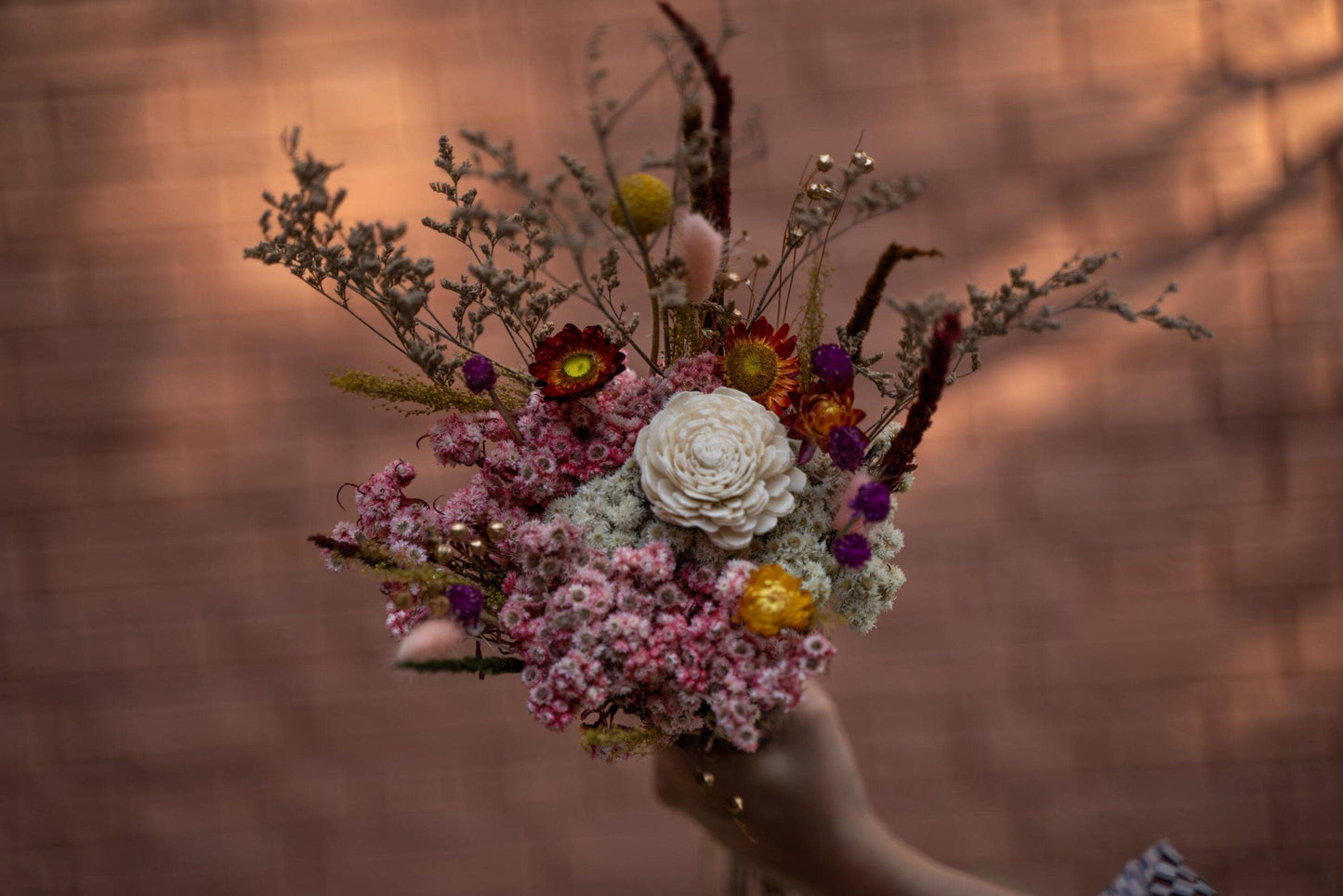 Close up of Serene Garden dried flower bouquet with premium floral arrangement