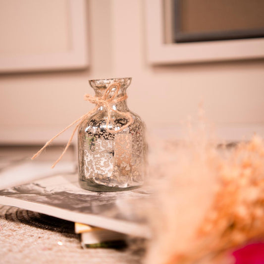 Decorative silver blossom charm vase filled with premium dried flowers placed in a modern living room setup