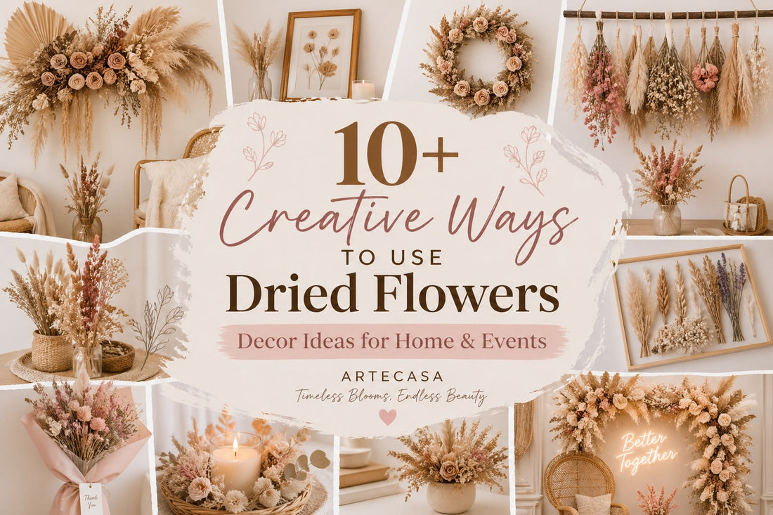 10+ creative ways to use dried flowers for home decor and events featuring pampas grass, bouquets, wall decor and aesthetic setups
