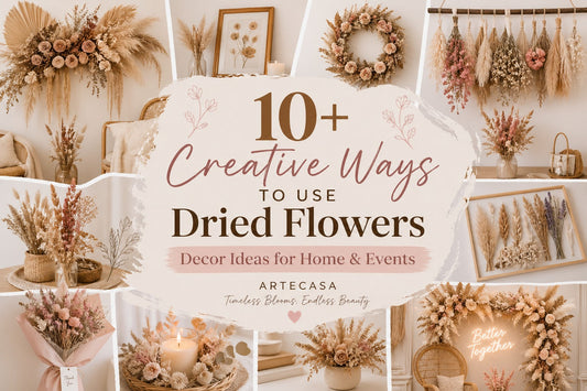 10+ creative ways to use dried flowers for home decor and events featuring pampas grass, bouquets, wall decor and aesthetic setups