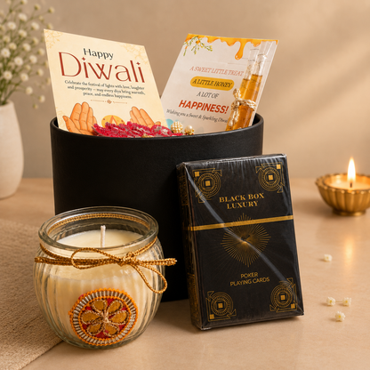 Midnight Royale Playing Cards Gift Box | Diwali Gift Hamper with Matka Candle