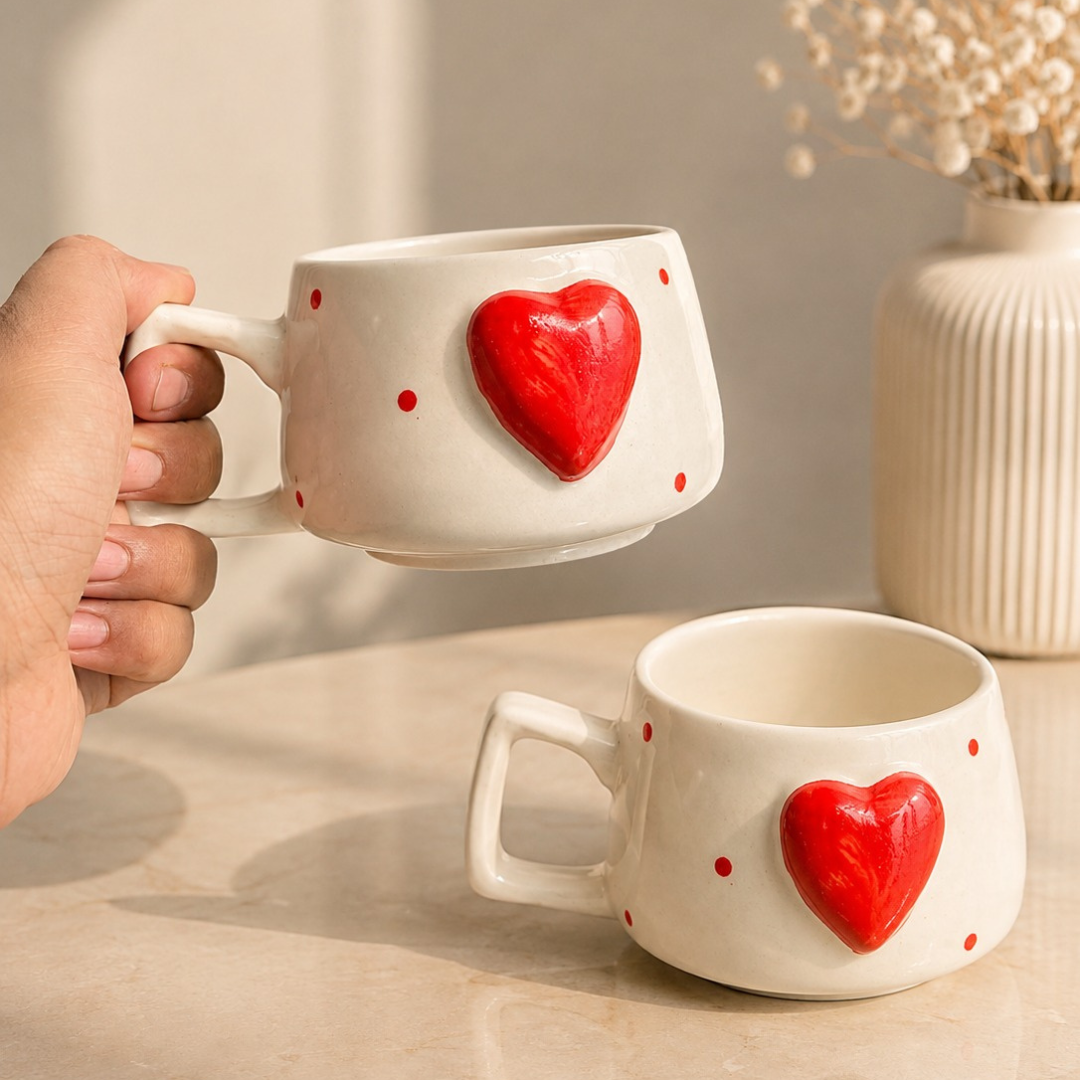 Heartfelt Duo Heart Design Ceramic Mug Set | Set of 2 Heart Mugs