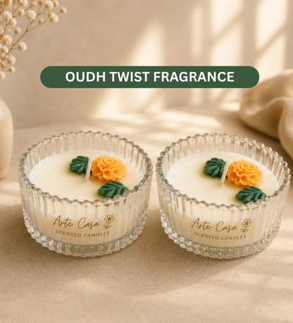 Meadow Duo Yellow & Green Glass Candle Set | Mini Genda Flower Scented Candles