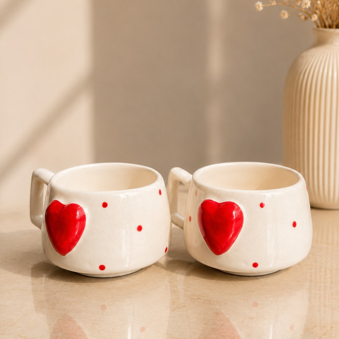 Heartfelt Duo Heart Design Ceramic Mug Set | Set of 2 Heart Mugs