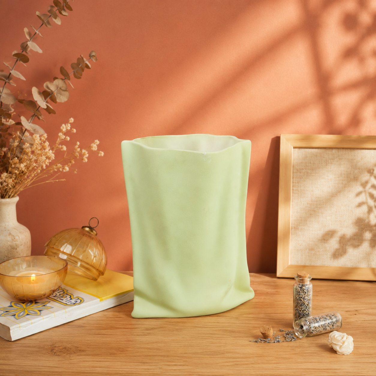 Matcha Muse Sculpted Vase with Dried Flowers | Modern Decorative Vase