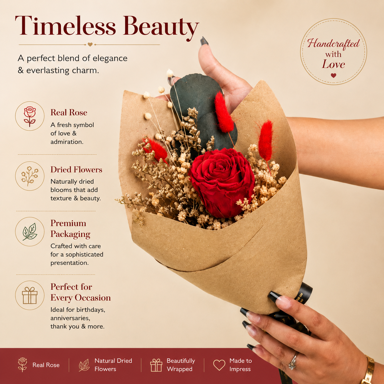 Preserved red rose bouquet for gifting