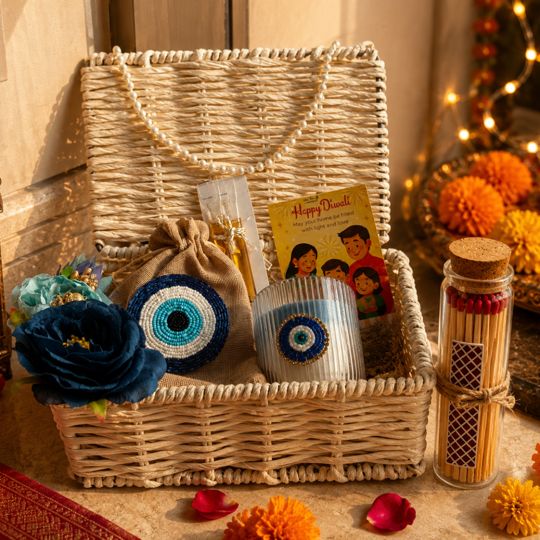 Ivory Nazar White Jute Gift Basket – Evil Eye Diwali Gift Hamper