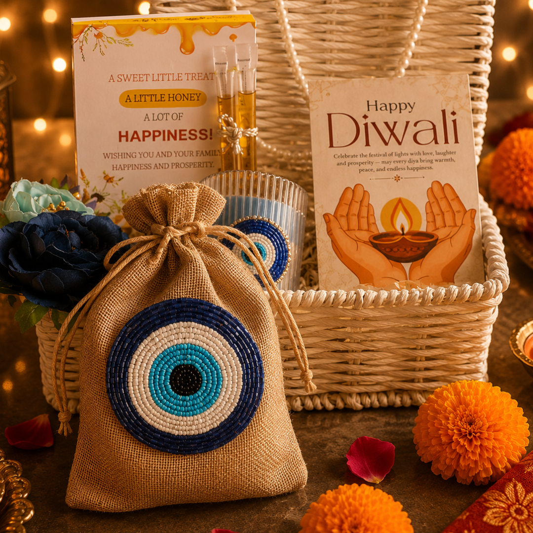 Ivory Nazar White Jute Gift Basket – Evil Eye Diwali Gift Hamper