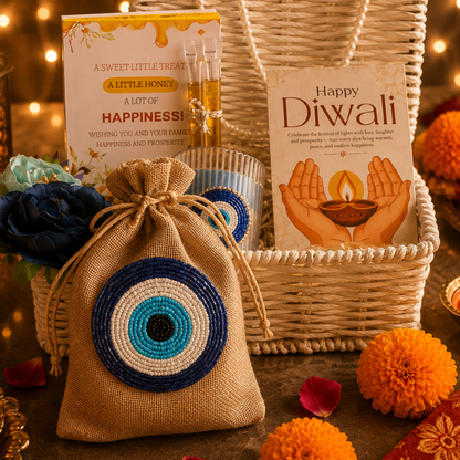 Ivory Nazar White Jute Gift Basket – Evil Eye Diwali Gift Hamper