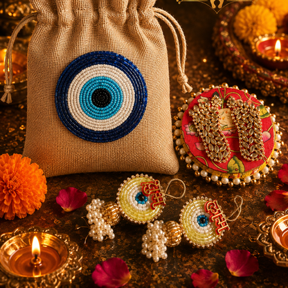 Ivory Nazar White Jute Gift Basket – Evil Eye Diwali Gift Hamper