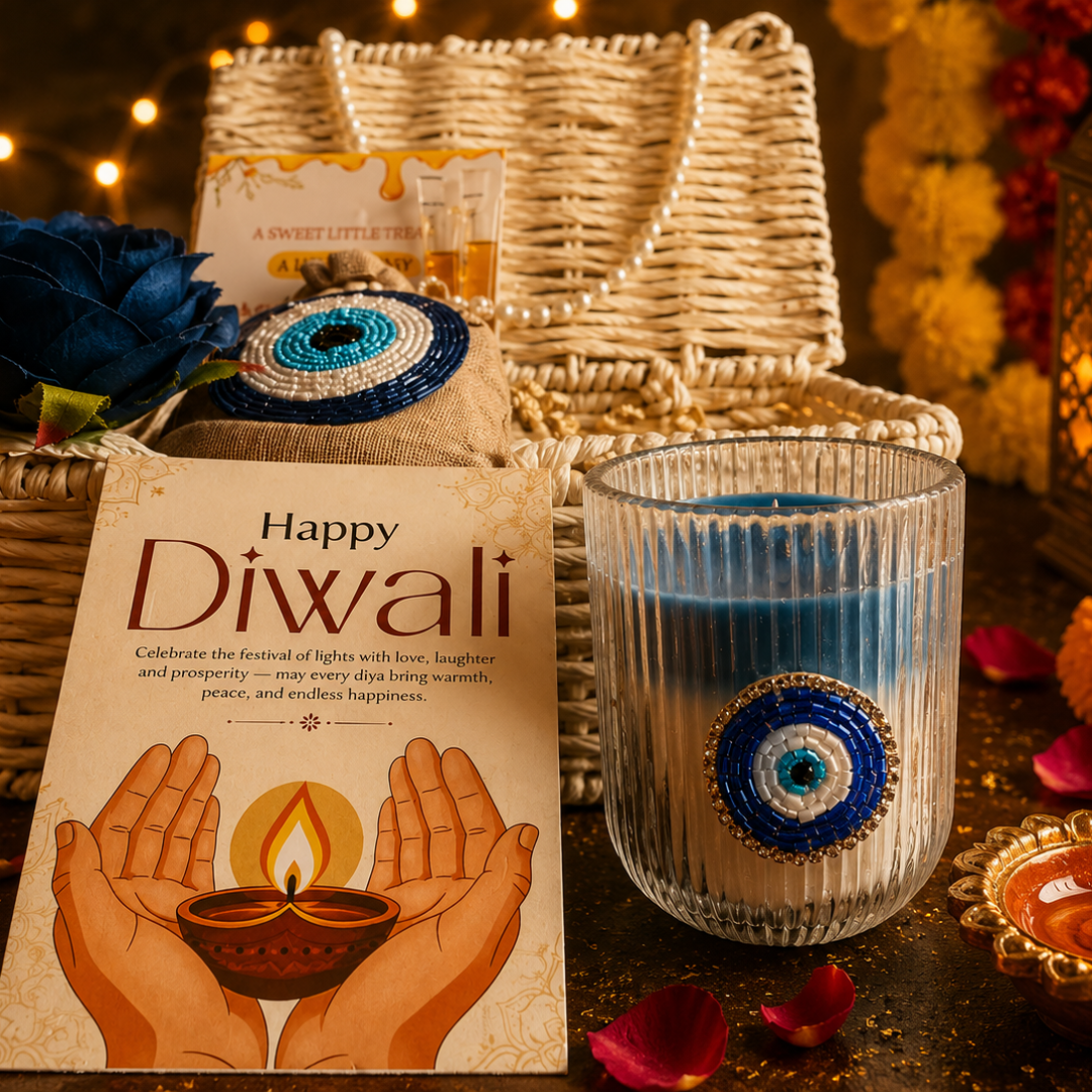 Ivory Nazar White Jute Gift Basket – Evil Eye Diwali Gift Hamper