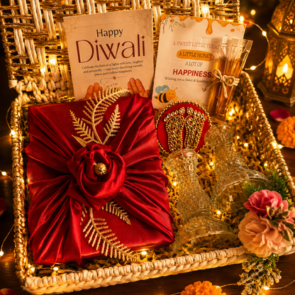 Shubh Aarambh Golden & White Festive Gift Basket | German Silver Shubh Labh & Candle