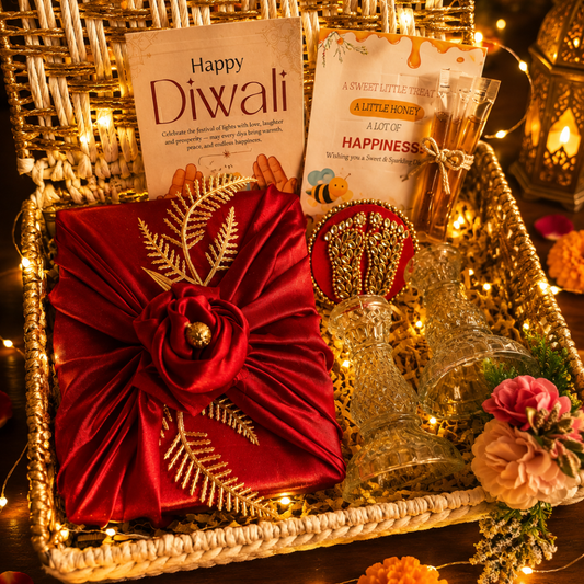 Shubh Aarambh Golden & White Festive Gift Basket | German Silver Shubh Labh & Candle - https://artecasa.in/