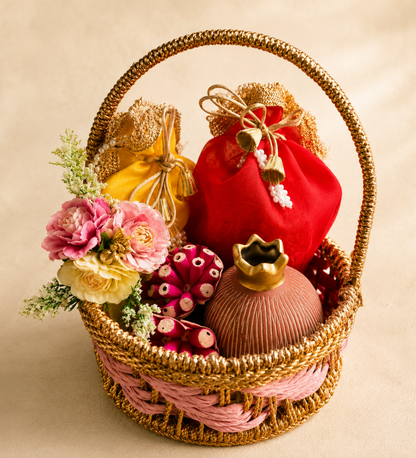 Rangoli Pink & Festive Potli Gift Basket | Shubh Labh & Almonds Diwali Hamper