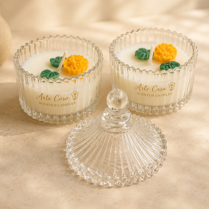 Meadow Duo Yellow & Green Glass Candle Set | Mini Genda Flower Scented Candles