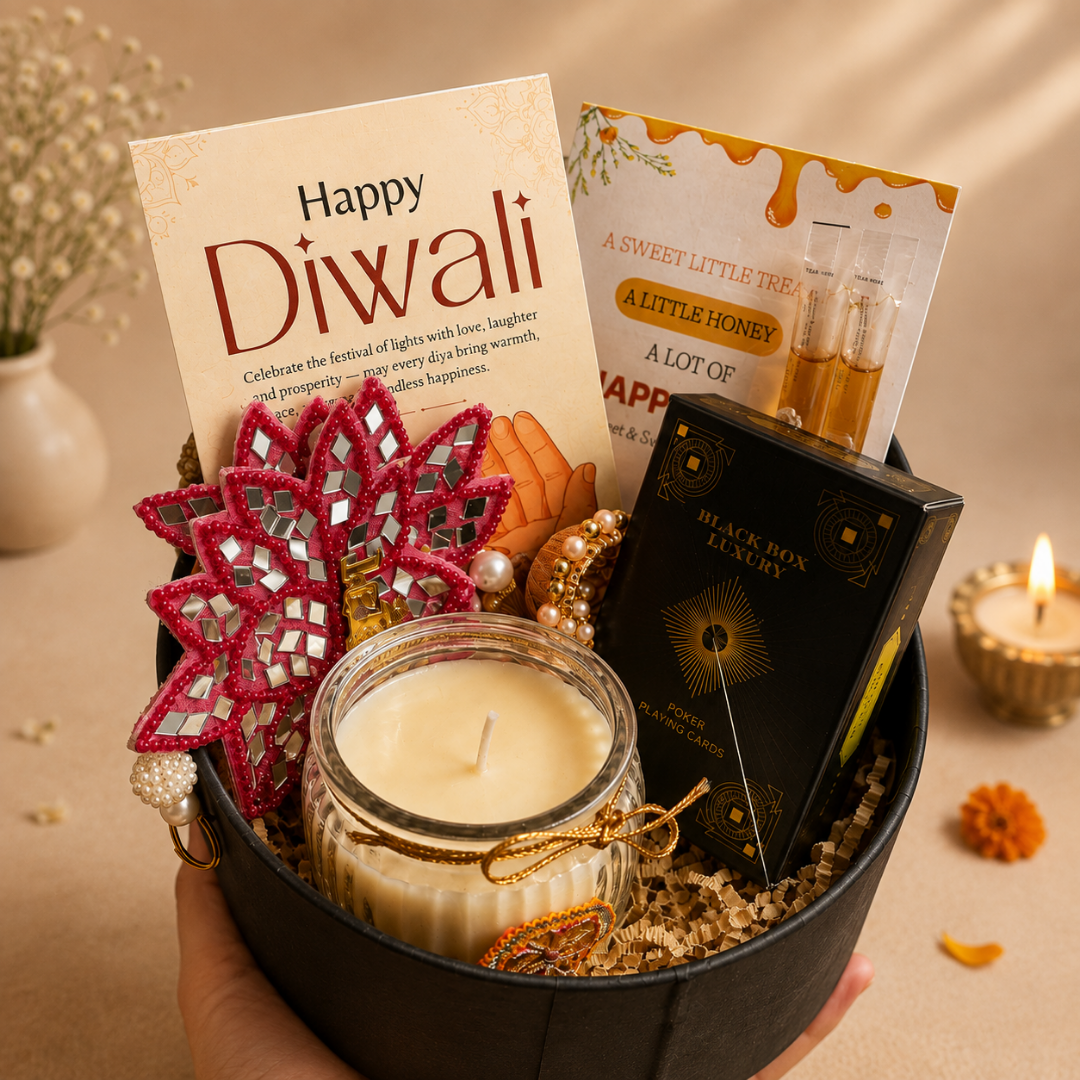 Midnight Royale Playing Cards Gift Box | Diwali Gift Hamper with Matka Candle
