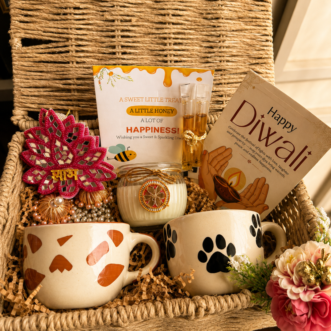Paws & Panda Festive Mug Gift Hamper | Dog & Panda Mugs with Diwali Candle