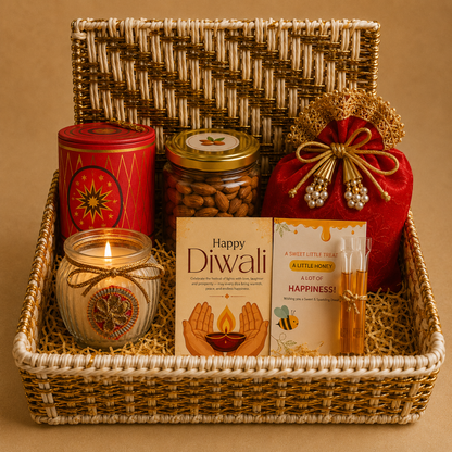 Ruby Glow Golden & White Festive Gift Basket | Diwali Hamper with Dry Fruits & Candle