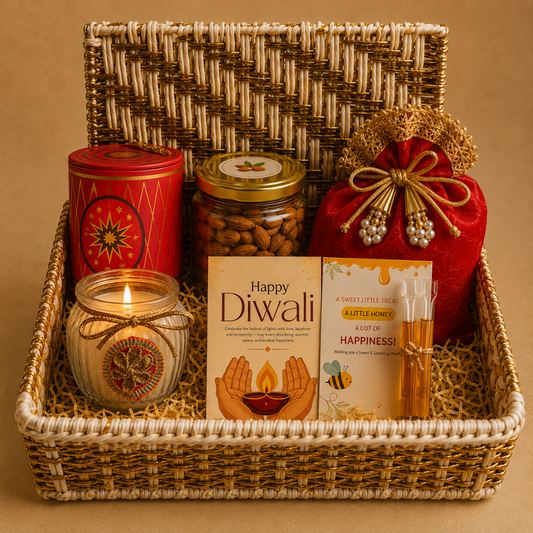 Ruby Glow Golden & White Festive Gift Basket | Diwali Hamper with Dry Fruits & Candle - https://artecasa.in/