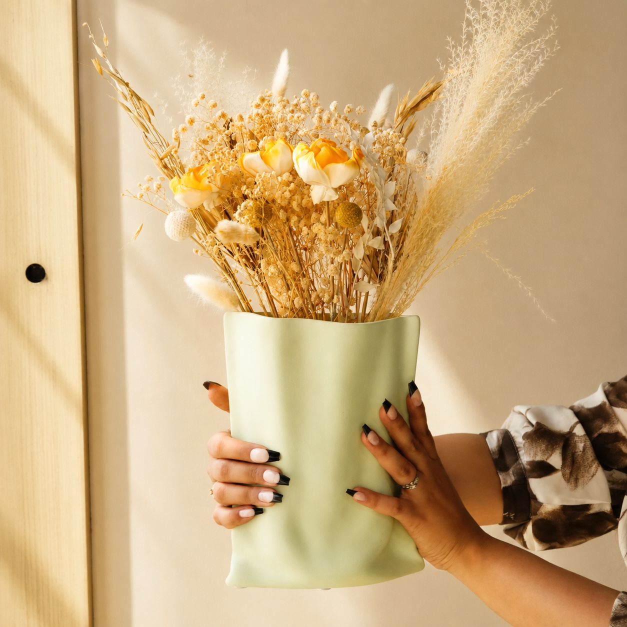 Matcha Muse Sculpted Vase with Dried Flowers | Modern Decorative Vase