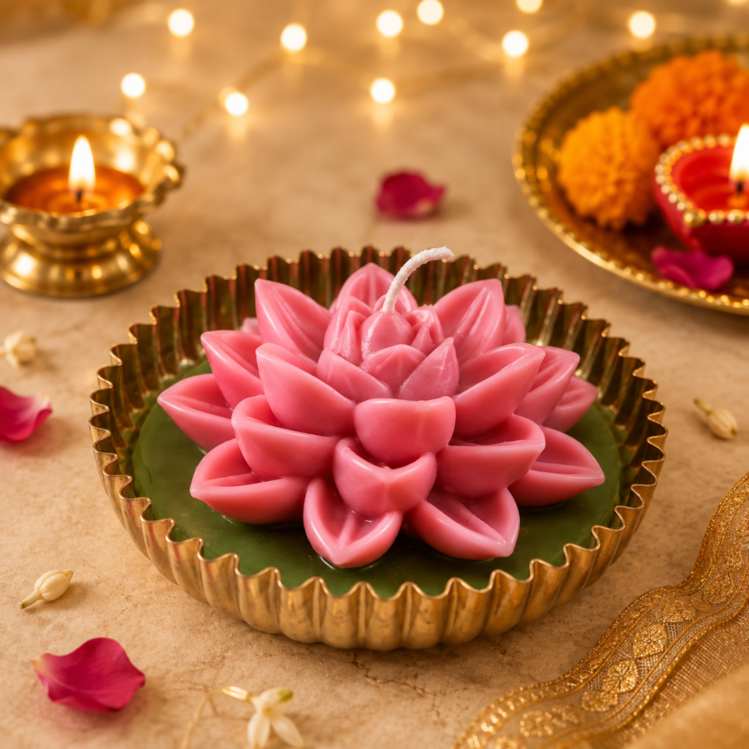 Mehfil Bloom Green & Pink Urli Flower Candle – Festive Diwali Décor