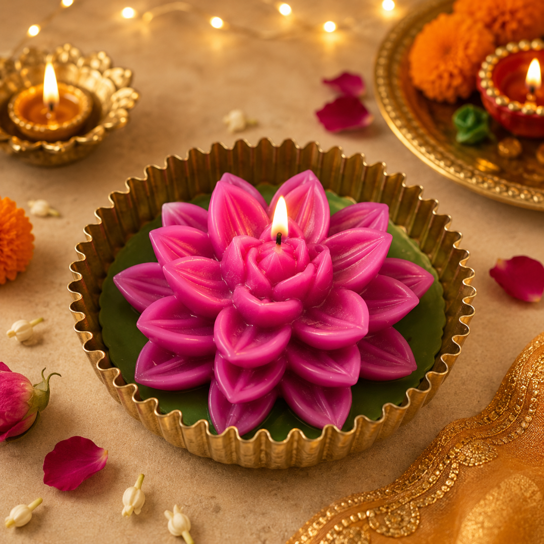 Mehfil Bloom Green & Pink Urli Flower Candle – Festive Diwali Décor