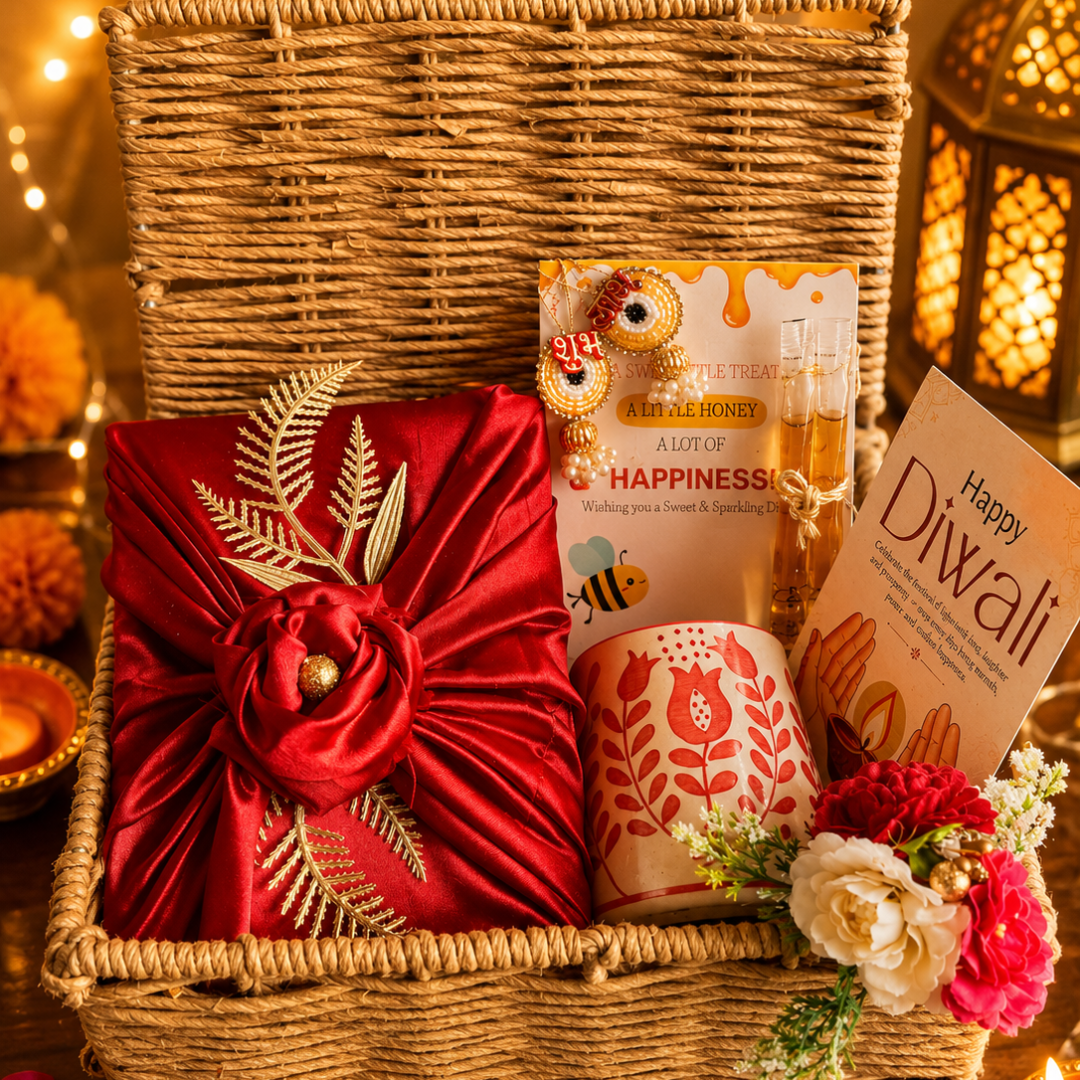 Rustic Ruby Jute Gift Basket | Red Mug & Shubh Labh Festive Hamper
