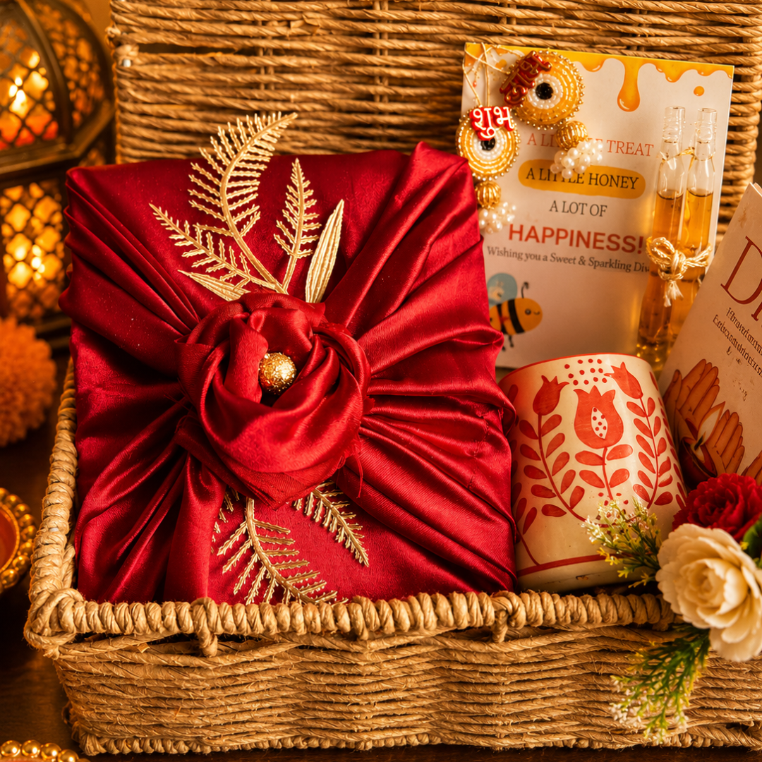 Rustic Ruby Jute Gift Basket | Red Mug & Shubh Labh Festive Hamper