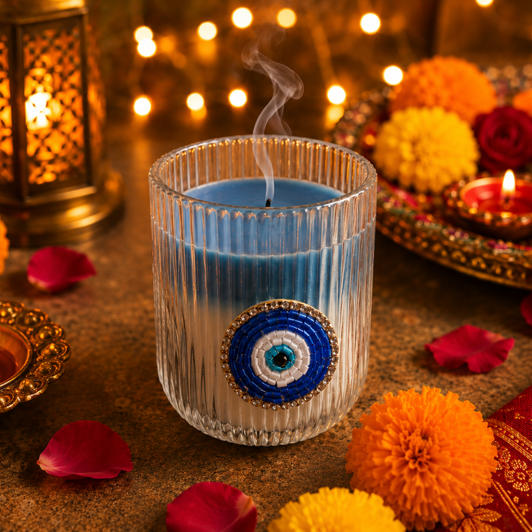 Nazar Glow Evil Eye Decorative Candle | Oudh Saffron Soy Wax Candle