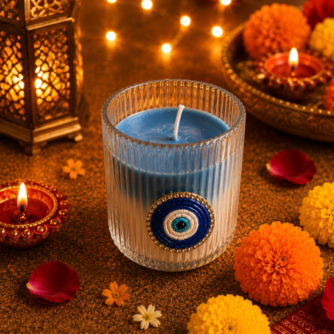 Nazar Glow Evil Eye Decorative Candle | Oudh Saffron Soy Wax Candle