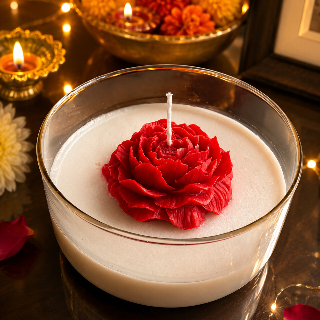 Crimson Rose Round Sculptural Candle | Red Carnation Scented Soy Wax Candle