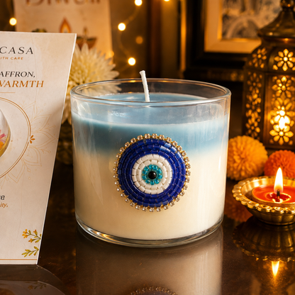 Nazar Halo Round Decorative Candle | Oudh Saffron Soy Wax Candle