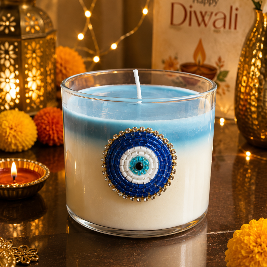Nazar Halo Round Decorative Candle | Oudh Saffron Soy Wax Candle