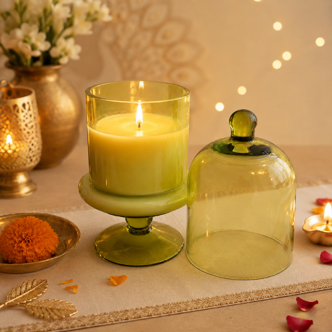 Verdant Glow Green Glass Jar Candle | Oudh Soy Wax Candle