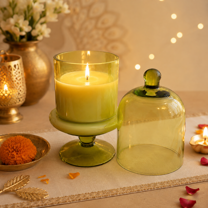 Verdant Glow Green Glass Jar Candle | Oudh Soy Wax Candle