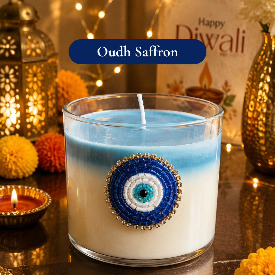Nazar Halo Round Decorative Candle | Oudh Saffron Soy Wax Candle
