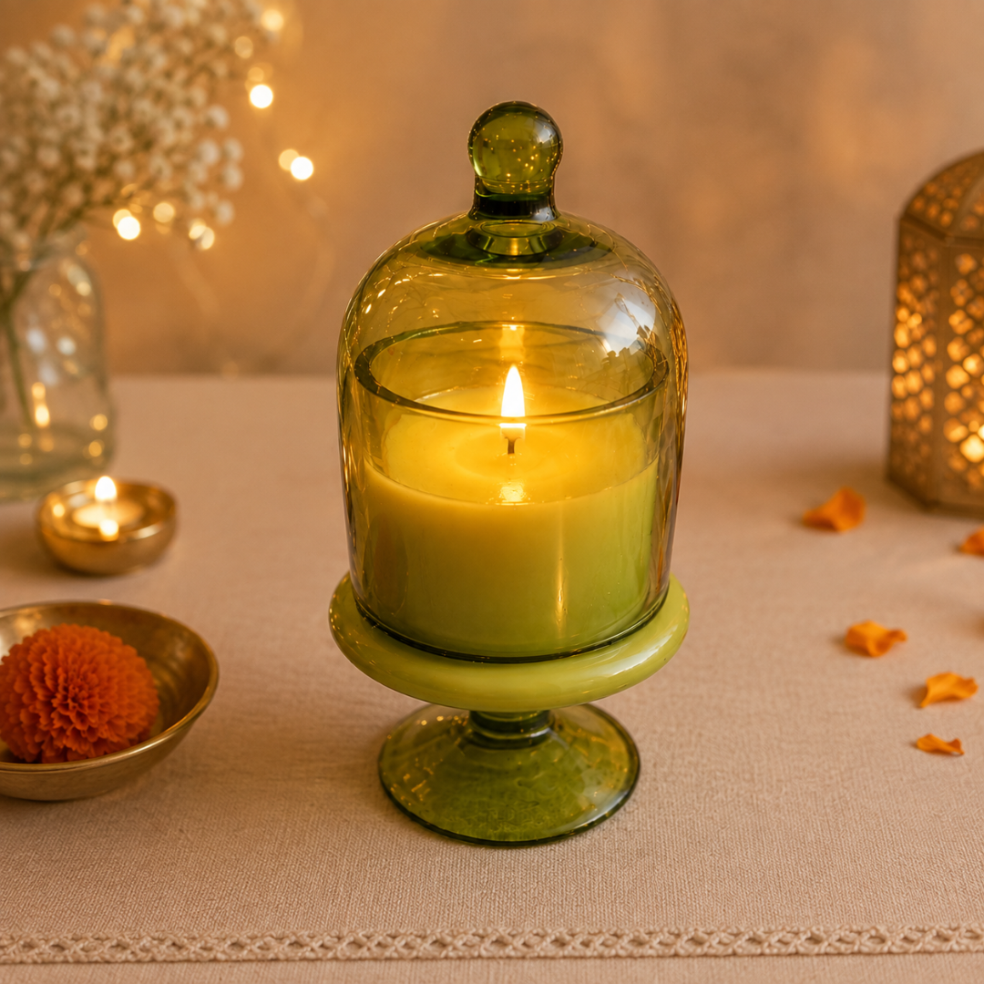 Verdant Glow Green Glass Jar Candle | Oudh Soy Wax Candle