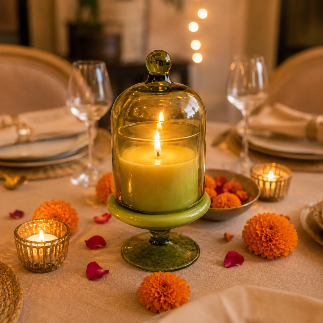 Verdant Glow Green Glass Jar Candle | Oudh Soy Wax Candle