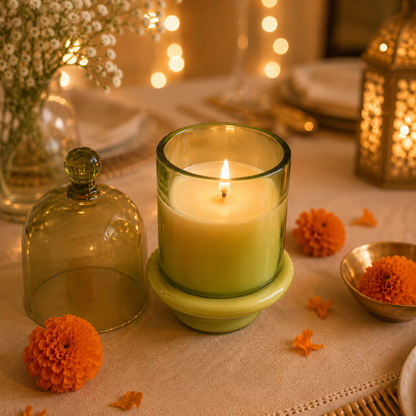 Verdant Glow Green Glass Jar Candle | Oudh Soy Wax Candle