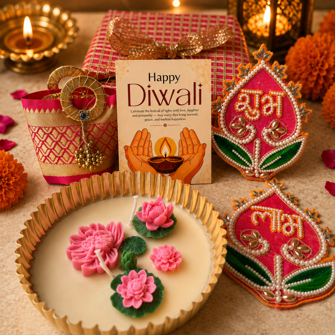 Shubh Labh Pink Celebration Gift Box | Urli Candle, Almonds & Diwali Hamper