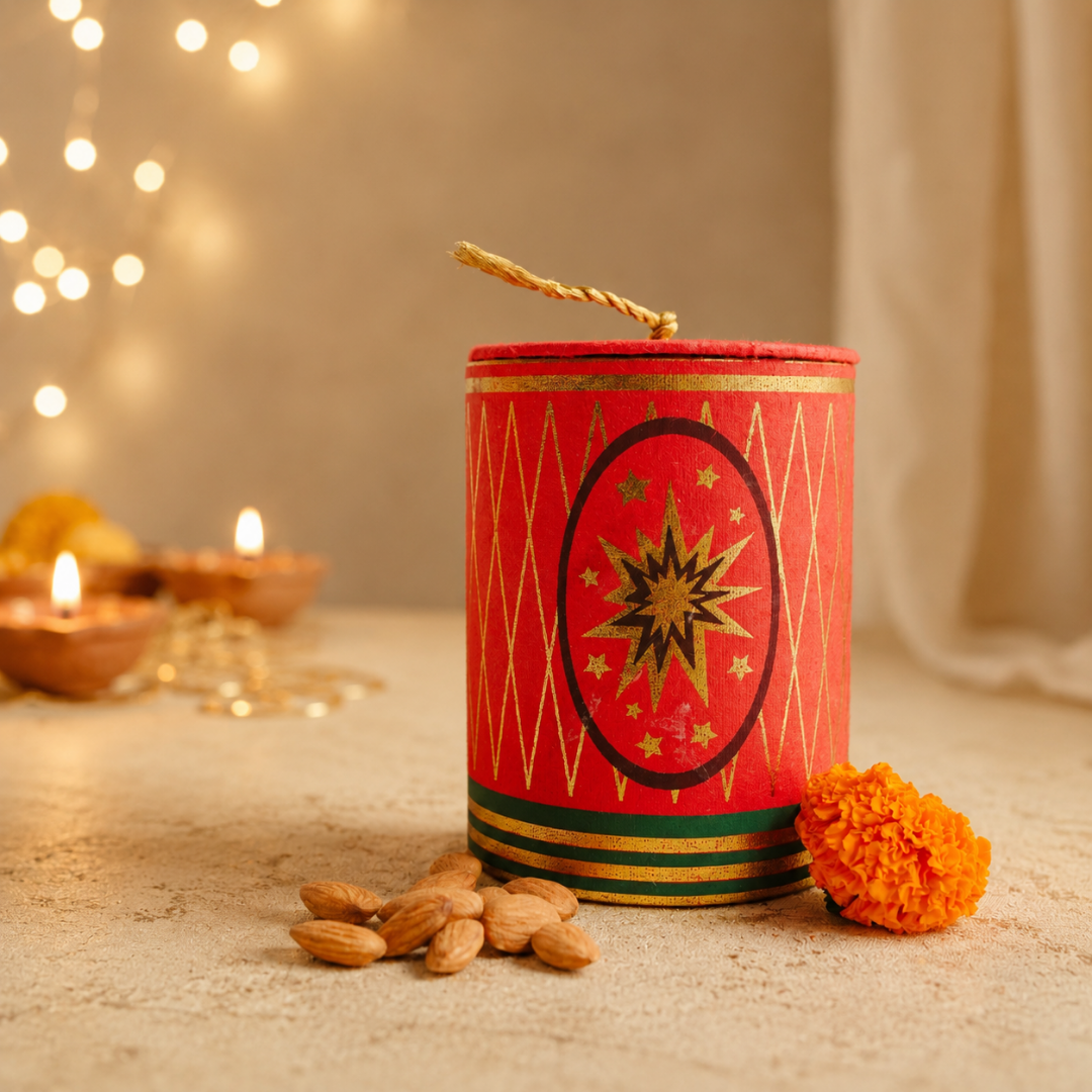 Ruby Glow Golden & White Festive Gift Basket | Diwali Hamper with Dry Fruits & Candle
