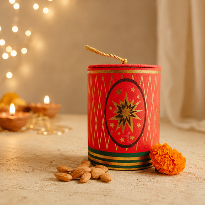 Ruby Glow Golden & White Festive Gift Basket | Diwali Hamper with Dry Fruits & Candle