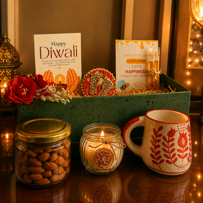 Green Harvest Celebration Gift Box | Mug, 100g Almonds & Soy Wax Candle