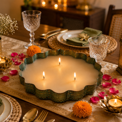 Emerald Heritage Large Metal Urli Candle | Rustic Soy Wax Candle